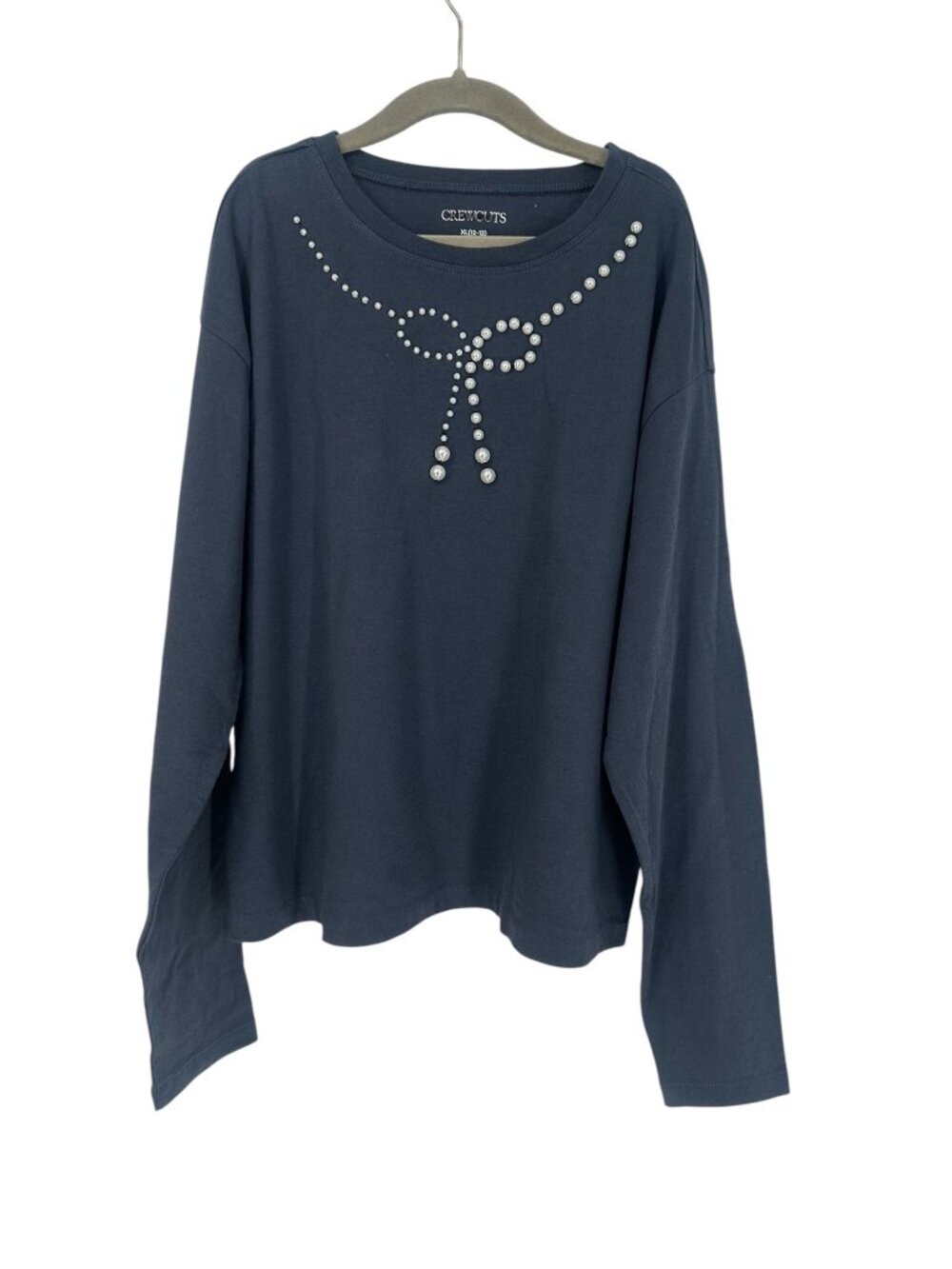 Crewcuts J Crew Girls XL 12 13 Gray Long Sleeve Pearl Bow T-Shirt Preppy NWT